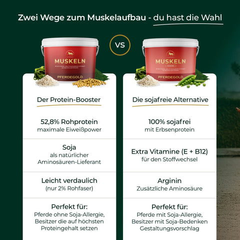 Vergleich von zwei Pferdegold-Produkten für den Muskelaufbau: Vorteile, Protein-Booster und Soja-Alternative im Pferdefutter wie Muskeln 2.0 Sojafrei für starke Muskeln.
