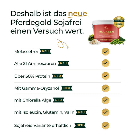 Infografik zu Pferdegold Muskeln 2.0 Sojafrei mit Häkchen und Vorteilen, perfekt für den Muskelaufbau beim Pferd - Produktdose oben rechts.