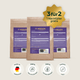 Drei braune Pferdegold® Nerven-Nachfüllbeutel (3 für 2) mit violetten Etiketten, ein „3 für 2“-Aktionsaufkleber und vier unten abgebildete Qualitätssymbole.