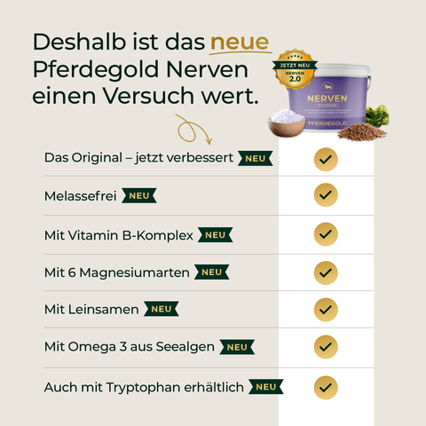 Tabelle mit den Eigenschaften von Pferdegold® Nerven Nachfüller 3für2, jeweils hervorgehoben durch grüne Häkchen und die Kennzeichnung „NEU“.