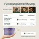 Infografik mit Fütterungsempfehlungen für Pferdegold® Nerven Nachfüller 3für2, einschließlich einer Dosierungstabelle und Abbildungen.