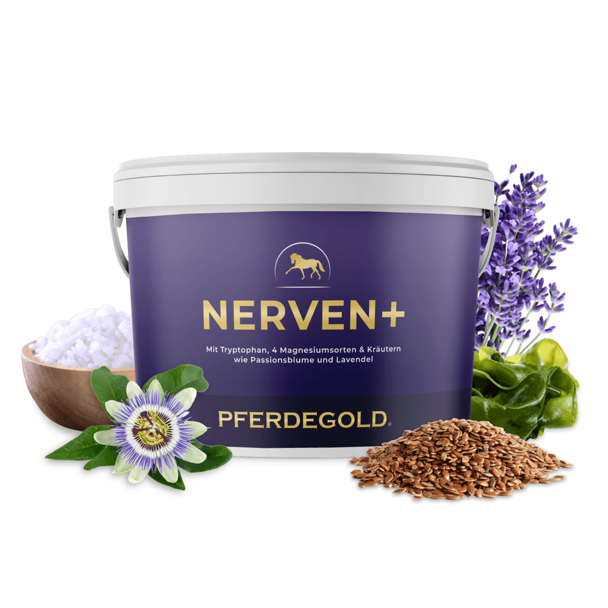 Pferdegold Nerven+ mit Tryptophan (Tub), ergänzt durch Lavendel, Passionsblume, Leinsamen und weitere beruhigende Kräuter – ideal als natürliches Beruhigungsmittel für Pferde zur Förderung des Wohlbefindens Ihres Pferdes.