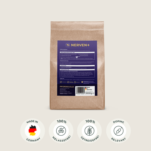 Braune Papiertüte mit der Aufschrift Pferdegold® Nerven+ Nachfüllpack 3kg, darunter Icons mit Produktmerkmalen, vor hellem Hintergrund.