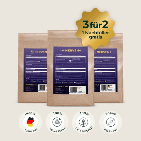 Drei braune Pferdegold® Nerven+ Nachfüllbeutel mit violetten Etiketten, einem „3für2“-Aufkleber und vier Zertifizierungssymbolen darunter.