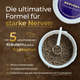 Offener Behälter mit braunen Pellets, Produktetikett und Werbetext für das Ergänzungsfuttermittel „Pferdegold® Nerven+ Nachfüller 3für2“ für starke Nerven.
