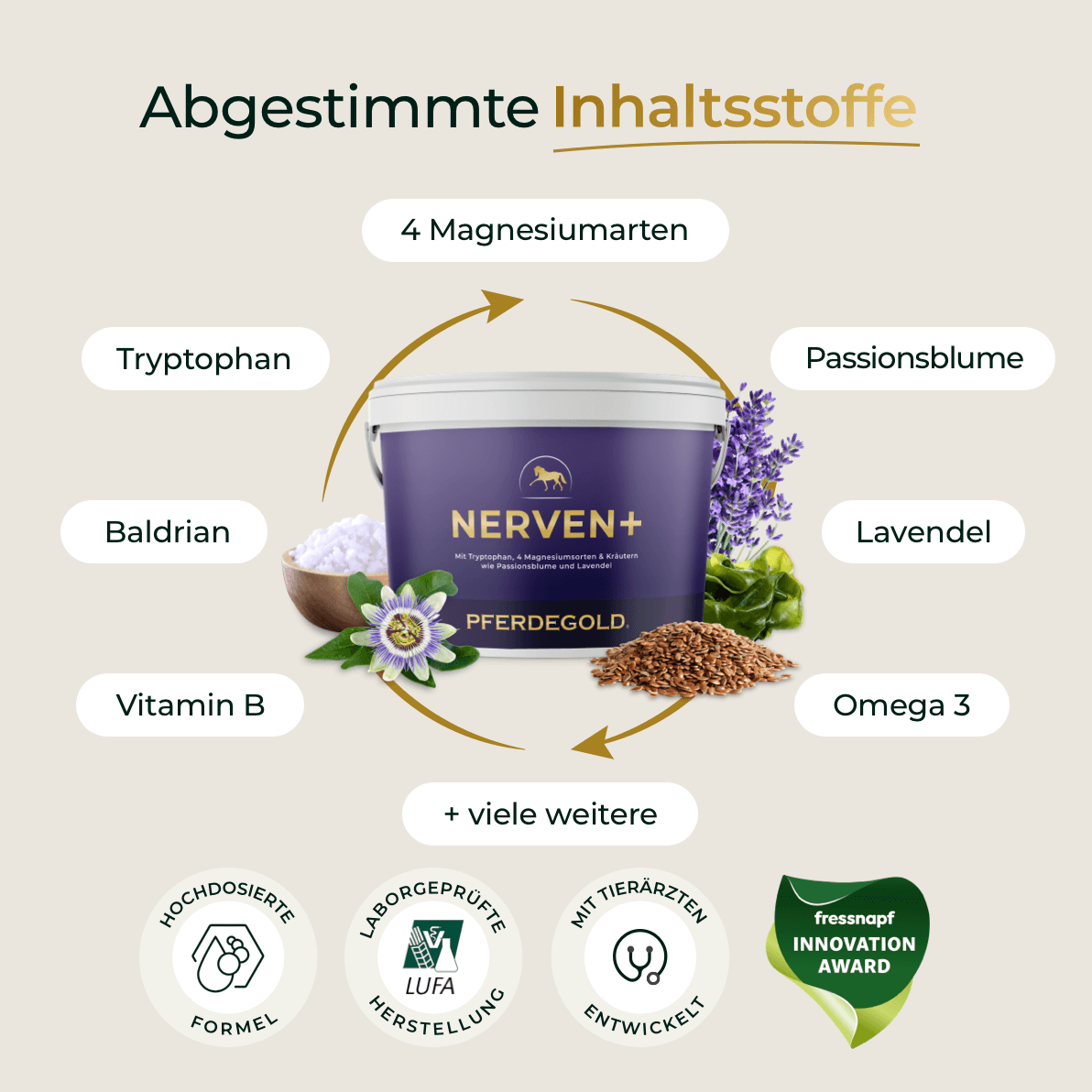 Dose Pferdegold® Nerven+ mit Tryptophan 3für2 mit den wichtigsten Inhaltsstoffen und Zertifizierungen mit entsprechenden Symbolen - ideal zur Unterstützung ruhiger, ausgeglichener Pferde im Rahmen Ihrer Pferdegold® Nerven-Routine.