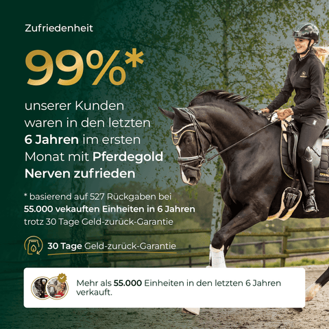 Frau reitet auf schwarzem Pferd, Text wirbt mit 99 % Kundenzufriedenheit für Pferdegold® Nerven+ mit Tryptophan 3für2 - die natürliche Unterstützung zur Beruhigung Ihres Pferdes.