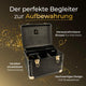 Die Pferdegold® Putzbox von Pferdegold ist eine schwarze Aufbewahrungsbox mit goldenen Details, Innenfächern und deutschem Text.