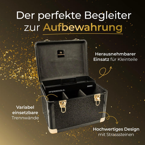 Die Pferdegold® Putzbox von Pferdegold ist eine schwarze Aufbewahrungsbox mit goldenen Details, Innenfächern und deutschem Text.