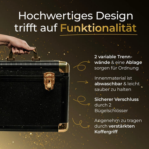 Die Pferdegold® Putzbox von Pferdegold: Schwarzer Koffer mit Goldakzenten, vereint hochwertiges Design und funktionale Eigenschaften für die perfekte Aufbewahrung.