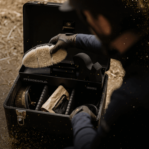 Eine Person mit Handschuhen hält eine Bürste über eine geöffnete schwarze Pferdegold® Putzbox Bundle Deluxe grooming kit von Pferdegold®.