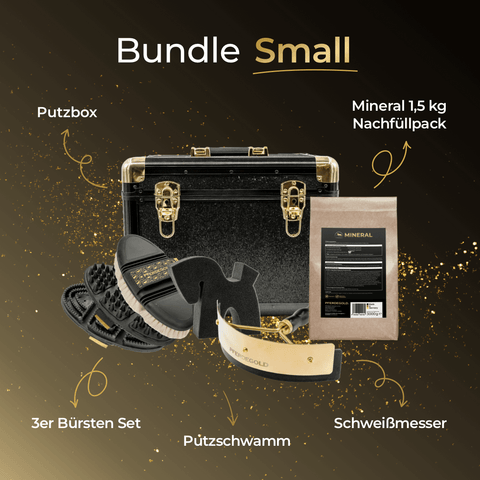 Pferdegold® Pferdegold Putzbox Bundle klein: schwarz-goldenes Pferdepflegeset mit Bürsten, Schwamm, Box, Mineralienpackung und Schweißabstreifer.