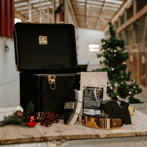Die Pferdegold® Putzbox Bundle, ein kleines Pflegeset mit Bürsten, Leckerlis und Weihnachtsschmuck, steht auf einem Holztisch in einer Scheune neben einem leuchtenden Weihnachtsbaum.
