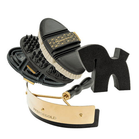 Die Pferdegold® Putzbox Zubehör enthält ein Bürsten-Set, einen Striegel, einen Schweißmesser-Schaber und einen schwarzen Schwamm - alles übersichtlich in einer praktischen Box untergebracht.