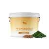 White bucket labeled Pferdegold Selen with supplement in front, supporting immune system and vitality.