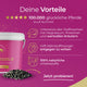 Infografik zu Pferdegold® Senioren Spezial - Gelenke, Mineral, Stoffwechsel: Vorteile des Pferdefutters als Pellets im Eimer und erklärender Text auf pinkem Hintergrund.