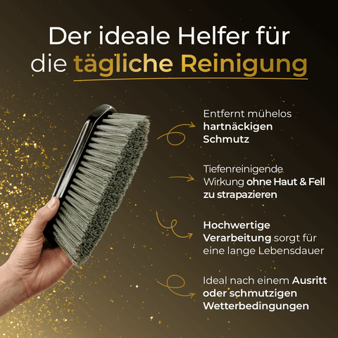 Eine Hand hält die Pferdegold® Wurzelbürste, daneben Text mit Vorteilen zur täglichen Pferdereinigung und Fellpflege auf dunklem Hintergrund.