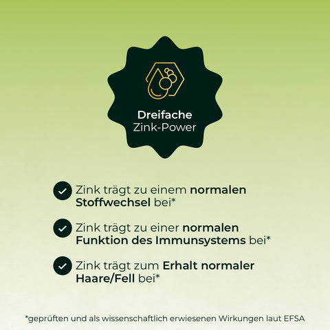 Grüne Grafik mit Text: 2er Zink 30 % von Pferdegold® - dreifache Zink-Power für Stoffwechsel, Immunsystem und Haare/Fell. Hergestellt in Deutschland.