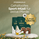 Drei Säcke Pferdegold® 3 für 2 – Pferdefutter „Goldmüsli Sport Plus“ mit der Aktion „3. Müsli GRATIS“ auf grünem Hintergrund.