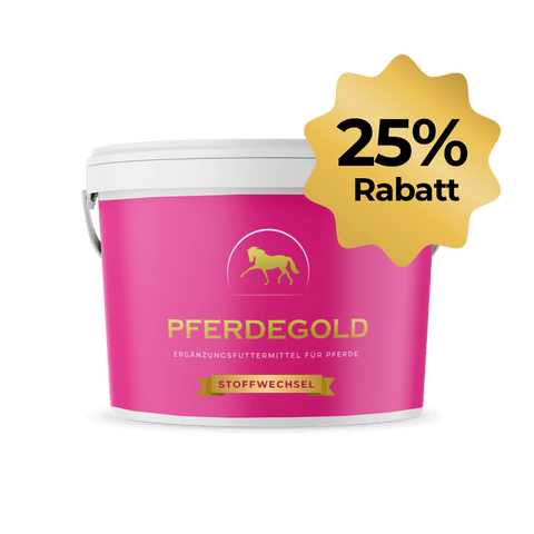 Pferdegold® 25 % Stoffwechsel in der rosafarbenen Dose mit goldener "25% Rabatt"-Plakette unterstützt den Stoffwechsel des Pferdes und ist reich an Magnesium für einen ausgeglichenen Eiweißstoffwechsel.
