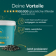 Ein weißer Eimer mit Pferdegold® Schmuddelwetter-Pellets, angereichert mit wertvollen Nährstoffen und Kräutern zur Förderung gesunder Hufe, mit einer Auflistung der Vorteile und dem Text „Jetzt probieren!“ auf grünem Hintergrund.