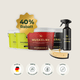 Pferdegold® Sommer-Paket mit einem Badge für 40 % Rabatt und Qualitätssymbolen am unteren Rand, bestehend aus Pferdeergänzungsmitteln und Pflegeprodukten.