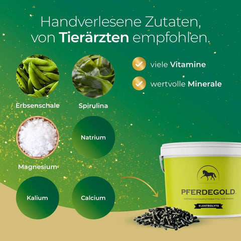 Die grün-gelbe Anzeige präsentiert das „Sommer-Paket“ von Pferdegold® und zeigt Inhaltsstoffe des Ergänzungsfutters wie Erbsenschalen, Spirulina und Mineralstoffe für eine umfassende Versorgung sowie eine Pferdegold-Dose.