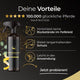 Schwarze Pferdegold®-Insektenschutzspray-Flasche mit Darstellungen der Vorteile für Pferde, goldenen Sternen und einer Pferdesilhouette auf dunklem Hintergrund – ideal für Ihr Sommer-Paket.