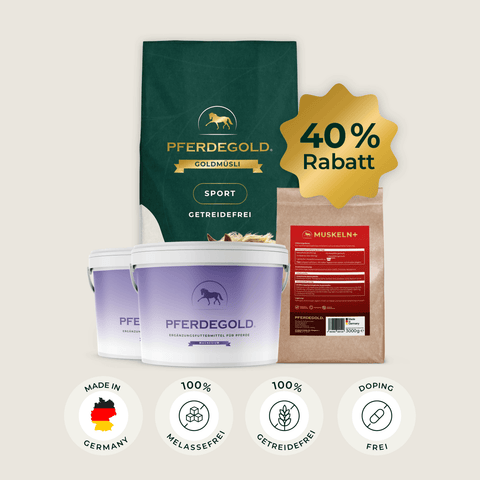 Pferdegold® Sport Balance Deluxe Pferdefutter mit einem 40 %-Rabatt-Siegel und den unten abgebildeten Qualitätssiegeln.