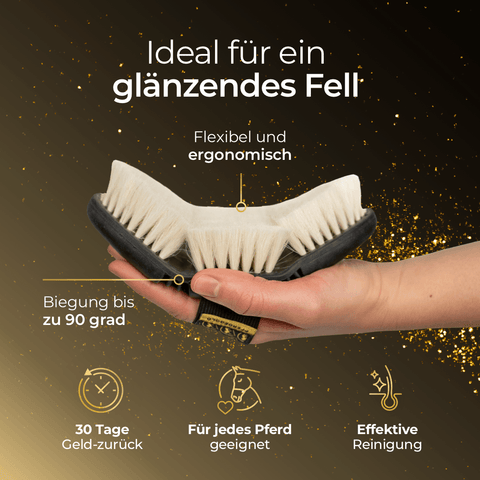 Eine Hand, die eine flexible, ergonomische Pferdegold®-Pferdebürste hält; der deutsche Text hebt Glanz, Komfort und Reinigungswirkung hervor – ideal für die Pferdepflege oder als Teil des Starter-Pakets von Pferdegold®.