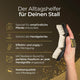 Eine Hand hält eine weiße Bürste aus dem Pferdegold®-Starter-Set; daneben steht ein Text mit Vorteilen für empfindliche Pferde, sanfter Reinigung und Tipps zur optimalen Pflege.