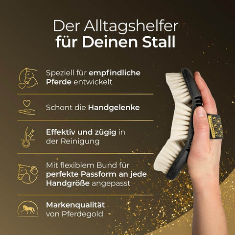 Eine Hand hält eine weiße Bürste aus dem Pferdegold®-Starter-Set; daneben steht ein Text mit Vorteilen für empfindliche Pferde, sanfter Reinigung und Tipps zur optimalen Pflege.
