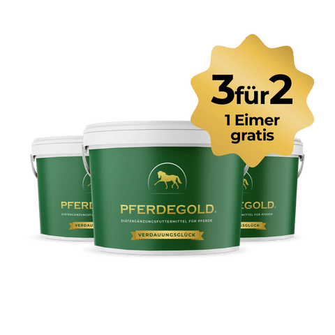 Drei grüne Eimer Pferdegold® Verdauungsglück 3für2 mit dem Sternchenaufdruck "3 für 2, 1 Eimer gratis".