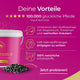 Futtereimer mit Vital Kur Pellets von Pferdegold®, Informationstext zu Nährstoffversorgung und Vorteilen, violetter Hintergrund mit weißer und gelber Schrift.