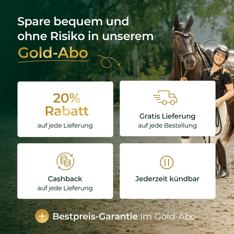 Eine Frau mit einem Pferd steht neben Pferdegold® Weidewechsel – mit Gold-Abo-Vorteilen: 20 % Rabatt, kostenlose Lieferung, Cashback und jederzeit kündbar – für eine optimale Nährstoffversorgung beim Weidewechsel sowie mit Darm Mineral für das Wohlbefinden Ihres Pferdes.