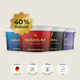 Vier Pferdegold® Winter Ready-Futterzusatz-Behälter mit einem 40-Prozent-Rabatt-Symbol und darunter Produktmerkmals-Symbolen – ideal für eine optimale Nährstoffversorgung im Winteralltag und zur Unterstützung beim Training.