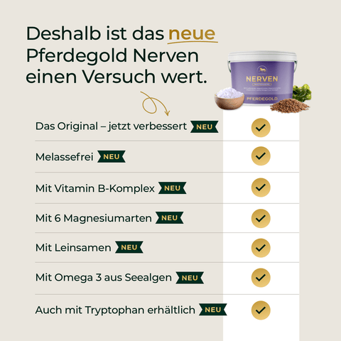 Eine Dose Pferdegold® Winter Ready + Elektrolyte mit einer Checkliste der neuen Funktionen auf Deutsch – ideal für Pferde als Teil eines Winter-Komplettpakets.